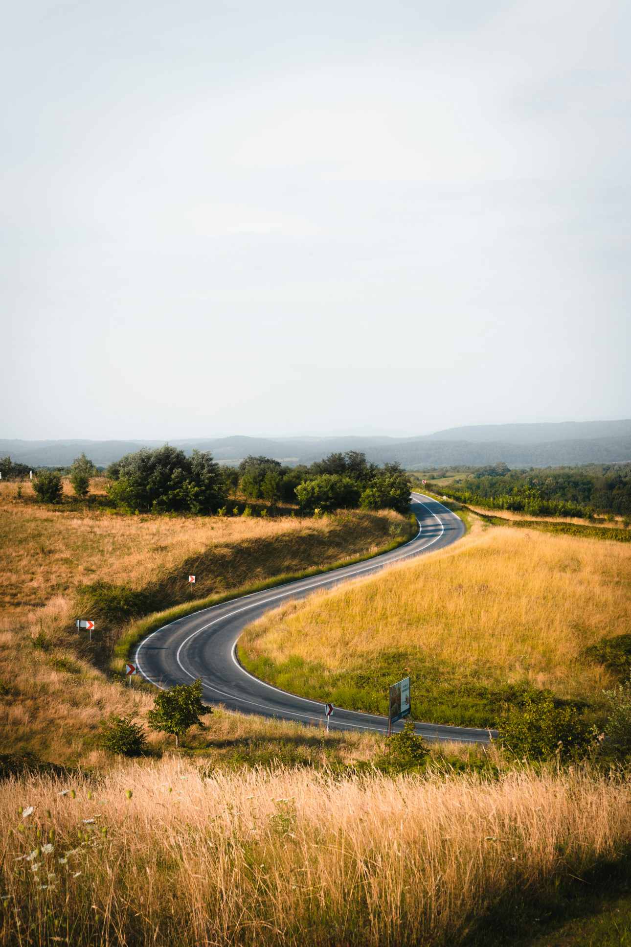 Curving road winding through a grassy countryside.