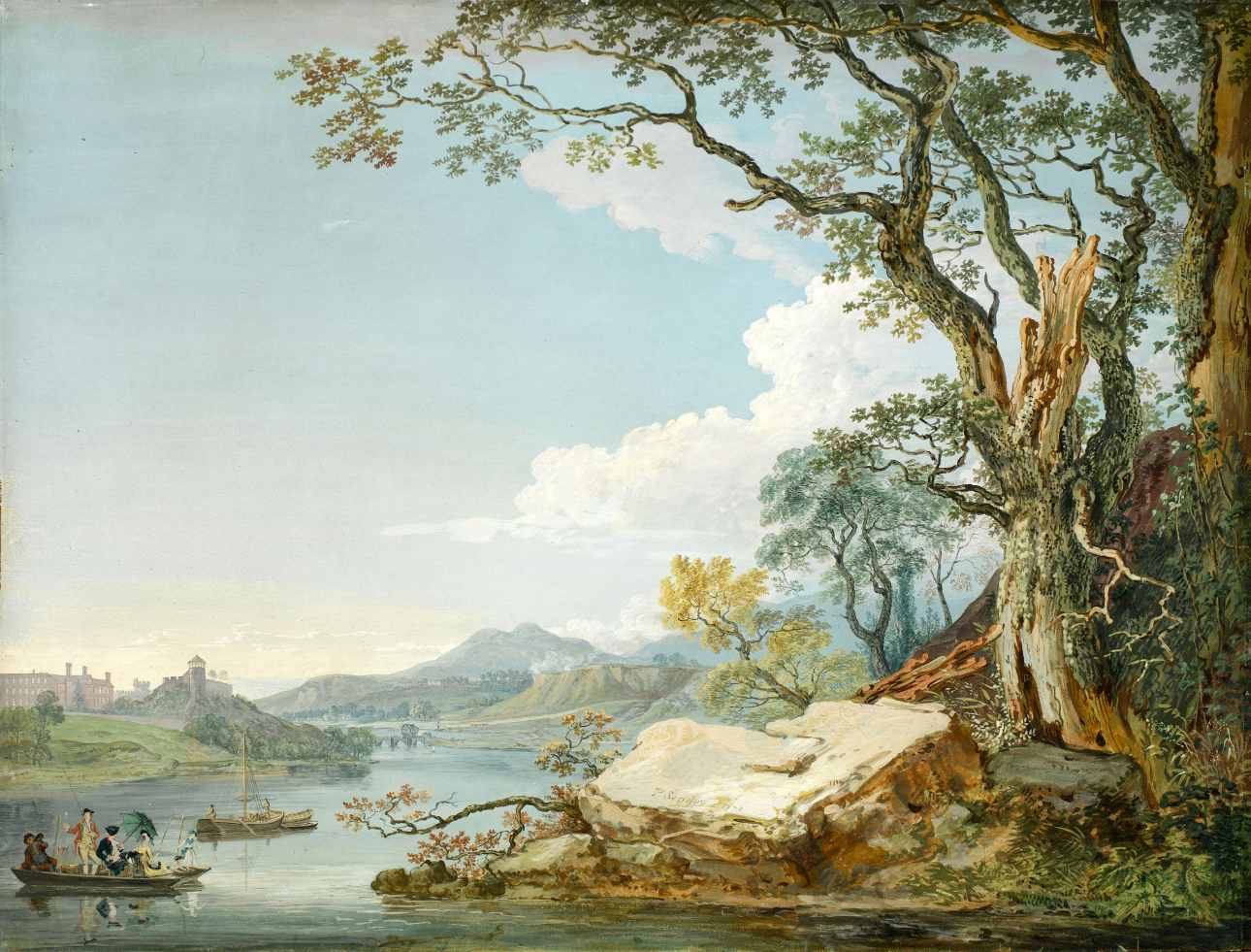 Serene lake painting with tree and mountains.